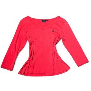 Ralph Lauren Women's Coral V-Neck Long Sleeve Top